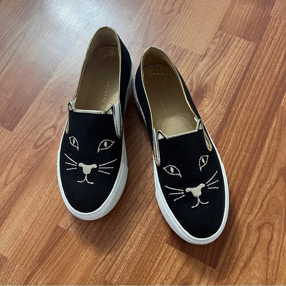 Charlotte Olympia - Kitty Cat Platform Slip On Sneakers - Black & Gold - Sz 36 - Picture 3 of 8